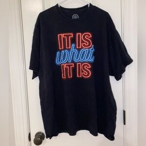 Black Graphic T-Shirt with Red and Blue Text